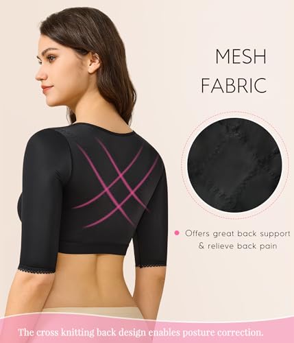 BRABIC Sutiã modelador feminino de compressão de braço pós-cirurgia com fechamento frontal, Preto, P