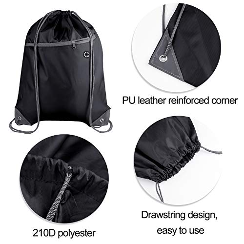 KUUQA 12Pcs Drawstring Backpack Bags Bulk with Zipper Pocket and Headphone Hole(Black)