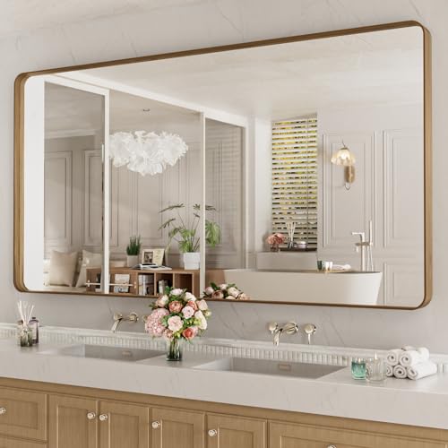 LOAAO 77X36 Inch Bathroom Mirror with Wood Grain Colored Metal Frame, Rounded Rectangle Metal Framed Bathroom Mirror, Anti-Rust, Hangs Horizontally or Vertically, Tempered Glass