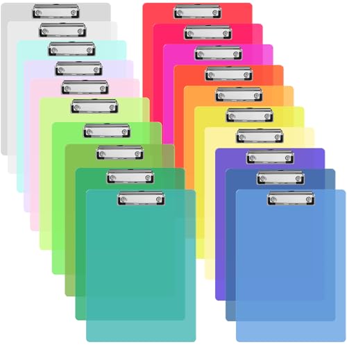 UZLU 20 Pcs Plastic Clipboards Bulk 20 Assorted Colors 12.5 x 9 In Clear Colored Clip Board Standard A4 Letter Size Low Profile Clipboard Portable for Classroom Office Supplies Students Back to School