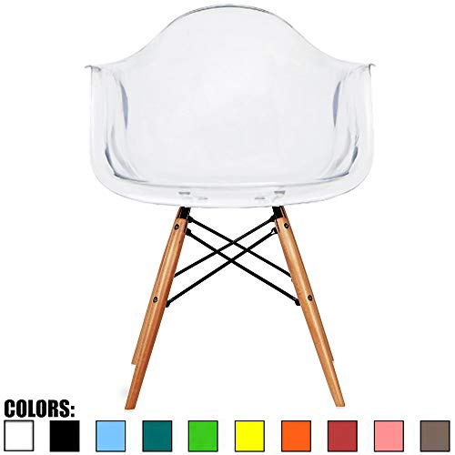 2xhome - Clear Plastic Armchair Natural Wood Legs Eiffel Dining Room Chair
