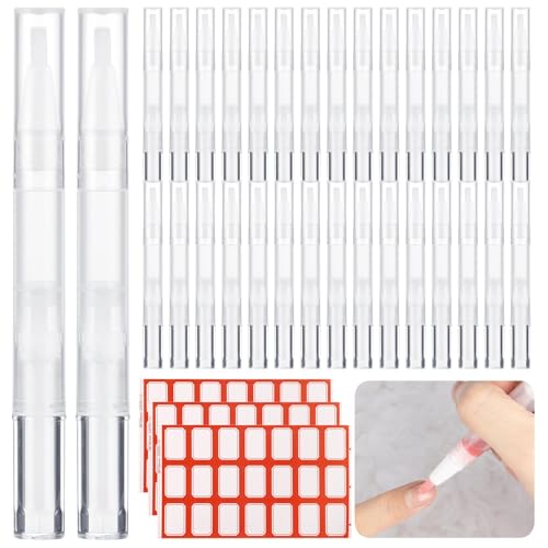 LUMINFLY Empty Lip Gloss Nail Oil Eyelash Cuticle Cosmetic Oil Pens 3 Ml Twist 50 Pens Gloss Transparent Comestic Makeup Brush Tip Pens Containers, With 63 Lip Pieces Stickers Oil