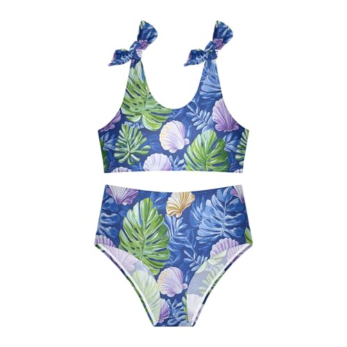JUNZAN Dark Color Shell Art Tropical Leaves Girl Bathing Suits High Waisted 2 Piece Swimwear Youth Girls Tankini Swimsuit 3T2