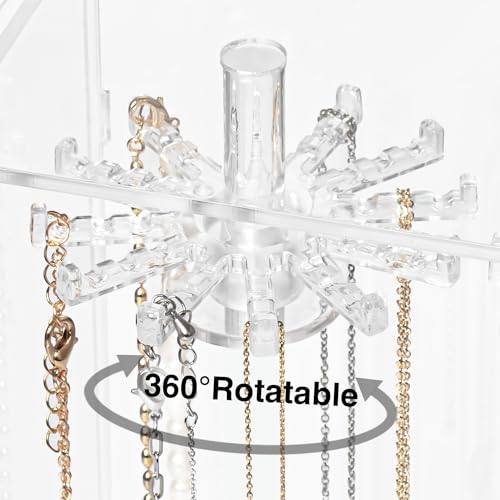 Necklace Holder, Acrylic Jewelry Organizer with 24 Hooks, Rotation Clear Necklaces Pendant Display Case Stand, Dust-proof Velvet Tray Hanging Rack Storage for Earrings Rings3