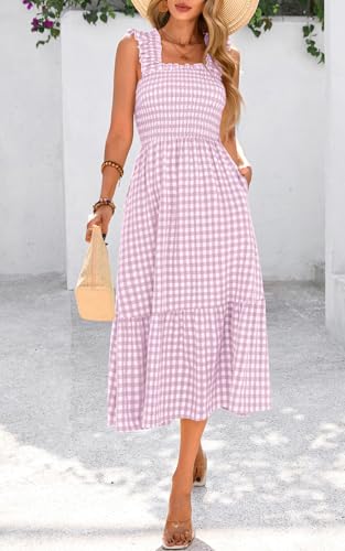Image of PRETTYGARDEN Women's Summer Dress Casual Ruffle Strap Gingham Midi Sundress