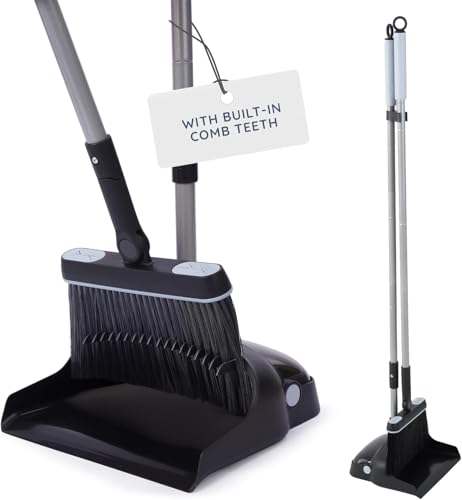 CUQOO Ensemble Pelle et balayette à Long Manche – Balai et Pelle à poussière Robustes avec Dents de Peigne – Balayage intérieur Doux pour Cuisine, Sol...