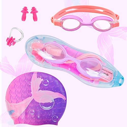 Ausletie Kids Swim Caps For Girls, Silicone Waterproof Swimming Cap For Kids, Durable Comfortable Swimming Caps For Girls, Fit For Long And Short Hair (Purple Mermaid, Age 2-6) #TOP2