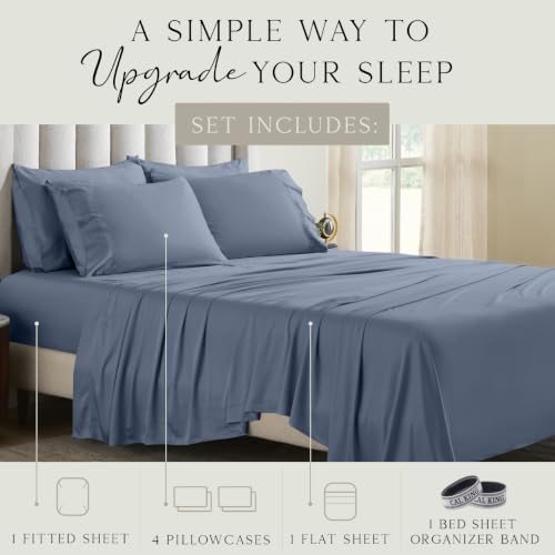Image of KARISSA MAE 6 Piece Luxury Bamboo Viscose California King Size Sheet Set | FSC Certified | Cooling | Ultra Soft | 18 inch Deep Pockets | 4 Pillowcases | Includes Organizer Band [Slate Blue]