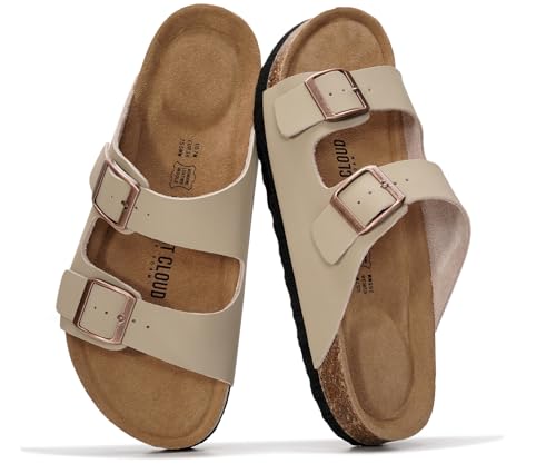 Project Cloud Women's Slide Sandal, Venita, Beige, Genuine Leather, Memory Foam, Cork Footbed, Adjustable Strap, 10 US, Casual, Fashion-Conscious Consumers