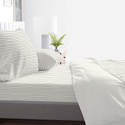 Makemake Organics Organic Sheet Set (4 Piece) Gots Certified Organic Cotton Sheets Dreamy Soft Non Toxic Fitted, Flat Sheet Pillowcases Toddlers Boys Girls Unisex (Twin, Gray Stripes) #TOP2