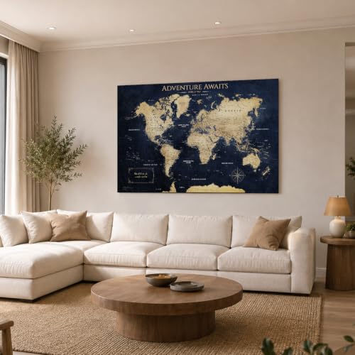 Image of IPIC Vintage Teal World Maps for Wall, World Map Canvas, Size 42x28 in