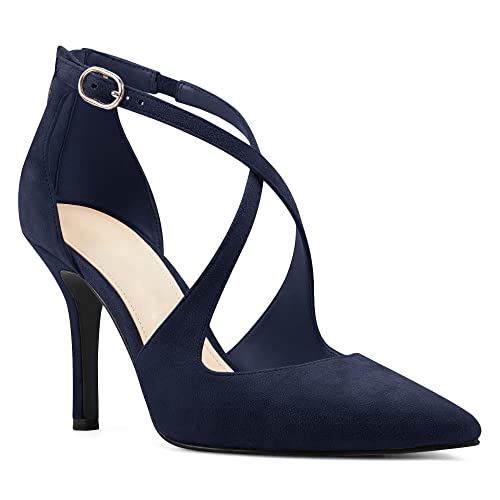 Minshluu Womens Pumps High Heels Pointed Toe Crossed Strap D'Orsay Zip up Stilettos Party Dress Shoes Navy Blue
