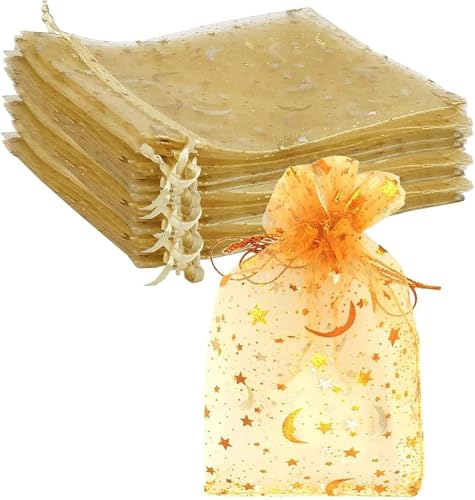 Organza Bags 10 x 15cm - 100 Pieces Moon Star Large Gift Bags Bulk Party Favor Mesh Bags Drawstring Goodie Wrap Pouch Bags for Candy Jewelry Sachet Bracelet Wedding