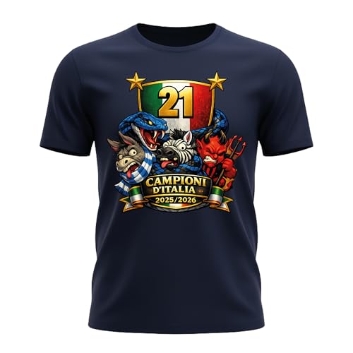 Maglietta Celebrativa Campioni d’Italia 21 2025 2026 – T Shirt Calcio Uomo – Maglia Scudetto Tricolore – Idea Regalo Tifosi Calcio Neroazzurri – Grafica Animali (IT, Testo, M, Blu)