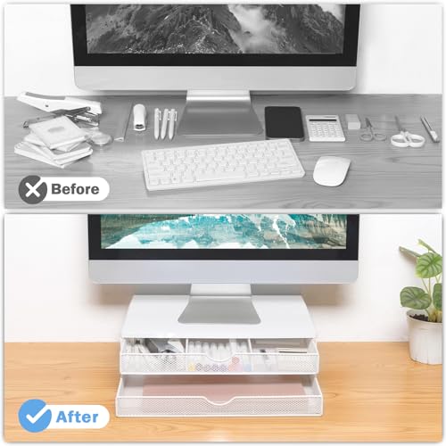 Image of ARCOBIS Wood Monitor Riser with Drawers, Mesh Metal Computer Monitor Stand Riser with Storage for Desk, Max Load Capacity 40LB, 2 Drawers, White