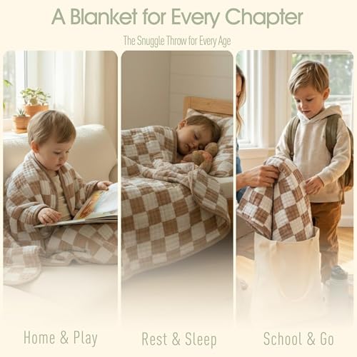 Image of 6-Layer Muslin Toddler Blanket - Made with Organic Cotton, Large 50x60 Crib Quilt & Bedding for Kids & Moms (Coffee Checkered)
