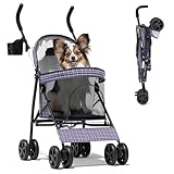 Magshion Compact Pet Stroller for Small-Medium Dogs/Cats up to 22lbs, 4-Wheel Lightweight Umbrella Shaped Portable Puppy Travel Jogger with Breathable Mesh, Cup Holder & Rear Storage, Plaid