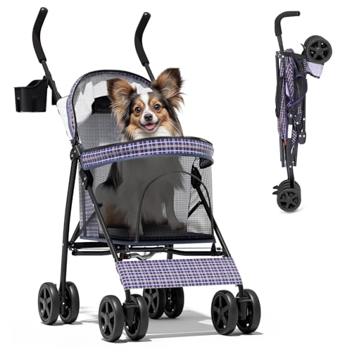 Image of Magshion Compact Fold Pet Travel Stroller for Small Dogs Cats, Plaid | Up to 22lbs, 4-Wheel Lightweight Umbrella Shaped Design, Safety Tethers, Breathable Mesh, Cup Holder & Rear Storage