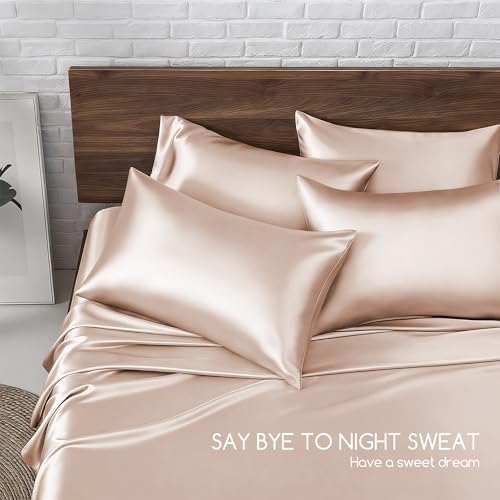 Image of MR&HM Satin Bed Sheets, King Size Sheets Set, 6 Pcs Silky Bedding Set with 15 Inches Deep Pocket for Mattress(King, Taupe)