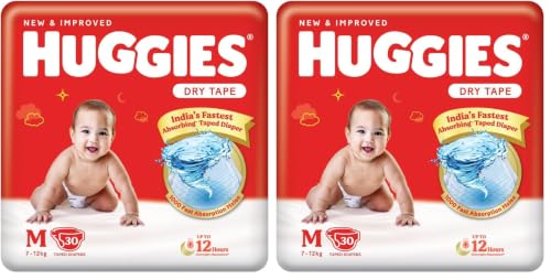 Image of Huggies Dry Tape | Adjustable Tape Style Unisex Diapers, Medium (M) Size (7-12 Kgs), Pack of 60 | Up To 2X Faster Absorption, Up To 12 Hours Overnight Absorption