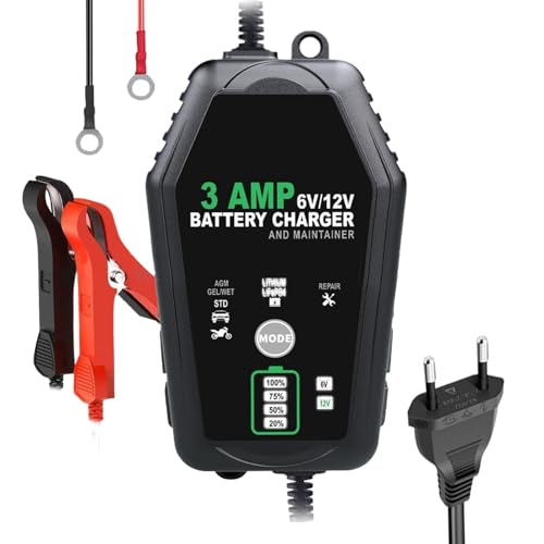Rrlihjgu Cargador de Batería de Coche y Moto, 6V/12V, 3A, Mantenimiento de Batería, Control de Botón, Lento