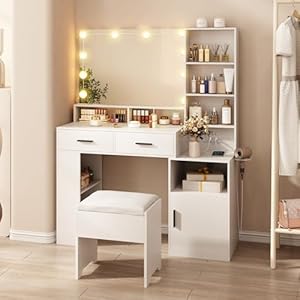 Halitaa Vanity Desk with Mirror and Lights, Makeup Vanity with Drawers, Storage Shelves and Cabinet, White Vanity with Charging Station, Storage Stool, Vanity Set for Bedroom