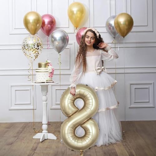 Image of Metallic Gold Number 8 Balloons, 40 Inch Giant Light Champagne Gold Mylar Foil Number 8 Ballon for Boy Girl, Self Inflating 8th Birthday Helium Balloon for Women Anniversary Party Decorations Supplies