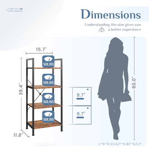 Image of DUMOS 4-Tier Bookshelf, Modern Tall Bookcase, Open Storage Display Shelf for Living Room, Bedroom, Home Office, Narrow Standing Shelving Unit for Books, CDs, Decor,Brown