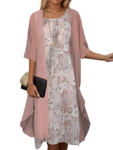 Womens Floral Flowy Boho Floral Midi Dresses with Jacket Elegant Wedding Guest Chiffon Cocktail Dress 2 Piece