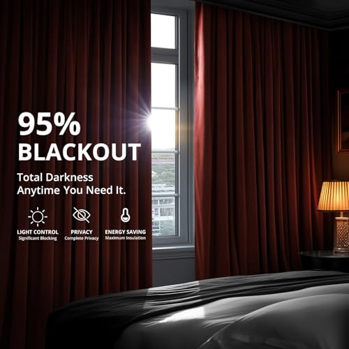 HPD Half Price Drapes Signature Blackout Velvet Curtains 96 Inch Long (1 Panel) 4-Pass Hotel Blackout Lined Window Curtains Thermal Blackout Curtains for Bedroom, Living Room, 50W x 96L, Crimson Rust