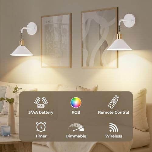 Image of Battery Operated Wall Sconce Set of 2, Dimmable Wireless RGB Wall Sconce Decor with Remote Indoor Cordless Wall Lamp Lighting for Bedroom Living Room Hallway (Pure White)