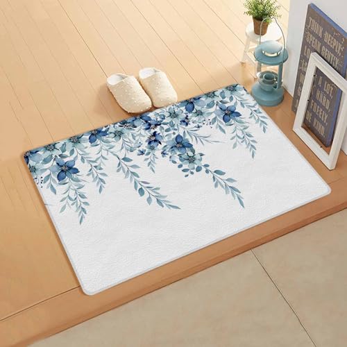 Blue Eucalyptus Leaves Kitchen Bath Door Mat Cushioned Runner Rug,Washable Welcome Floor Sink Antifatigue Mat,Waterproof & Non-Slip Comfort Standing Doormat,Weeping Blossom Vine Leaves 18