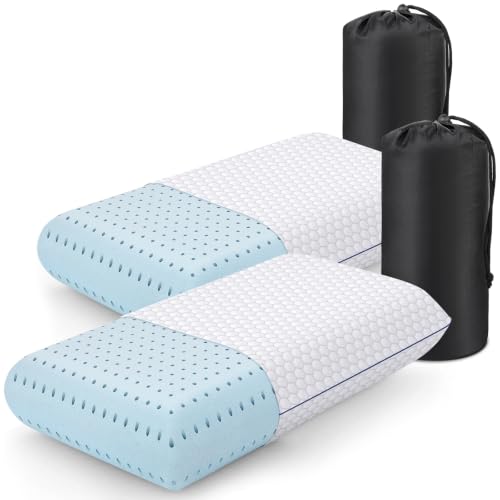 Image of CushyOasis Memory Foam Bed Pillows for Sleeping, Set of 2, Camping Size | Ergonomic Supportive Memory Foam for Head, Neck & Shoulders, Breathable Washable Cover, for Side, Back & Stomach Sleepers