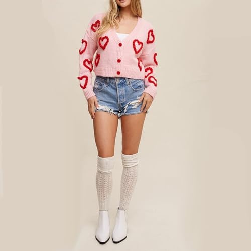 Image of Valentine's Day Cardigan Sweaters for Women Love Heart Print Button Down Cropped Cardigans Y2K Open Front Knit Sweater