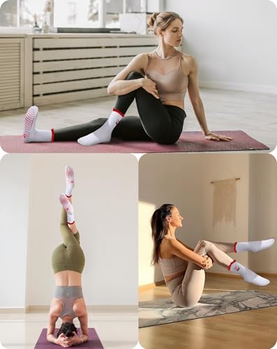 Image of Yawlsow Cute Pilates Grip Socks for Women Ruffle Frilly Yoga Socks Non Slip Cotton Crew Grippy Sock for Barre Workout