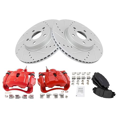 Image of TRQ Performance Front Brake Pad and Rotor Set Ceramic Coated Drilled | For 2009-2010 Pontiac Vibe 2008-2014 Scion xD 2009-2018 Toyota Corolla 2009-2013 Matrix