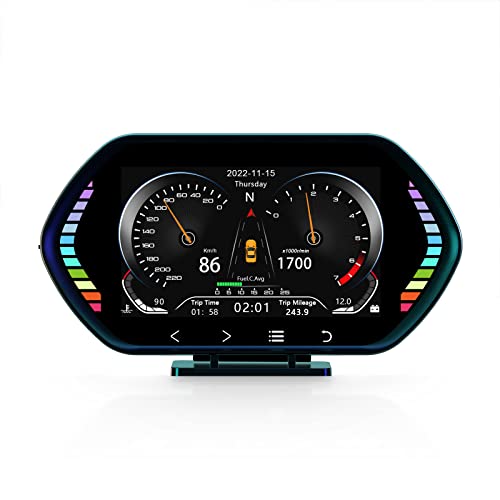 BY-J Car HUD Heads Up Display, Digital GPS Speedometer + Obd2 Gauge Display + Car Pitch Angle Slope Meter with Vehicle Speed MPH, RPM, OverSpeed Warning, for All Vehicle After 2008