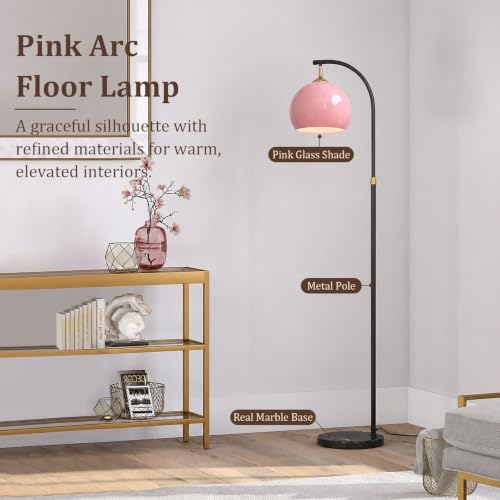 Image of Pink Arc Floor Lamp with Natural Marble Base, Mid Century Modern | Pink Glass Globe, Adjustable Height, E26 3-Color Temperatures Bulb, Foot Switch, Black Pole For Living Room, Bedroom, Office