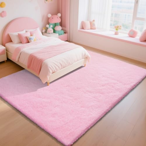 Pink Fluffy Rug Shaggy Area Rug, 8x10 Area Rugs for Girls Bedroom, Big Soft Shaggy Bedside Non-Slip Plush Dorm Nursery Kids Carpet Home Decor Aesthetic