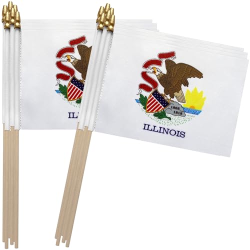 TSMD Illinois IL State Flag on Wood Stick Small Mini Handheld Flags 5x8 Inch 12 Pack