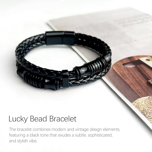 Pulsera de cuero trenzado negra con ornamentos de acero inoxidable miniatura 7