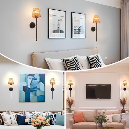 Image of Boho Battery Operated Wall Sconce Set of 2, Black Rattan Rechargeable Wall Lights with Dimmable Bulbs and Remote,15 Colors Wireless Wall Lamps for Bedroom Living Room Hallway Decor