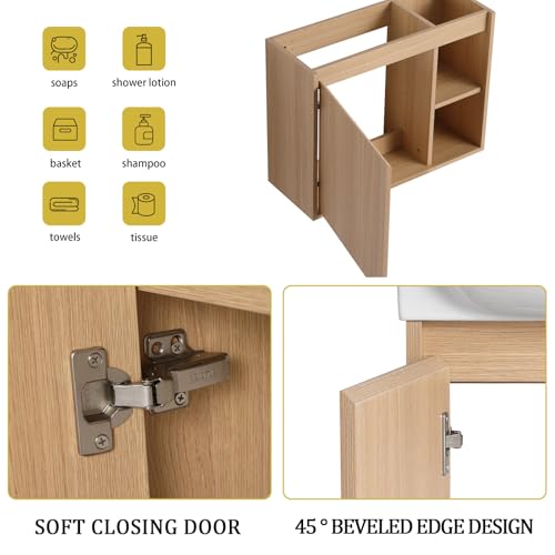 Image of 26 inch Wall Mounted Bathroom Vanity with Ceramic Sink, Modern Floating Bathroom Cabinet with Soft-Close Door & 2 Open Storage Shelves, Farmhouse Small Bath Vanity Set, Easy to Clean, Oak