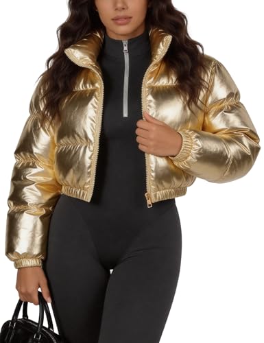 Flygo Women's Metallic Shiny Cropped Quilted Puffer Jacket - Zip Up Padded Down Coat Outerwear(Gold-S)