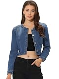 Allegra K Denim Jacket for Women's Collarless Round Neck Button Up Long Sleeve Cropped Jean Jackets Medium Blue