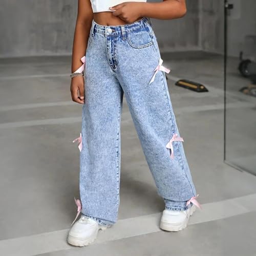 Girls' Wide Leg Jeans Casual Minimalist Style Straight Leg Bow Detail Jeans3