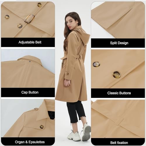 Image of Womens Trench Coat Double-Breasted Long windbreak Belted Slim Outerwear Coat with Detachable Hood S-2XL