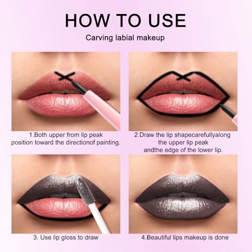 Image of evpct Black Metallic Glitter Lip Liner and Lipstick Combo Lip Gloss Stain Set Makeup for Women Long Lasting Waterproof 24, Goth Gothic Halloween Metallic Shimmer Frosted Iridescent Liquid Lipstick 17
