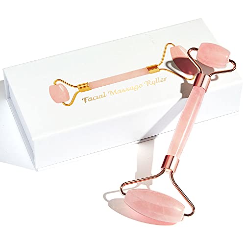Rose Quartz Roller with Necklace- 100% Natural Rose Quartz Stone with Rose Gold Metal, Anti-aging Facial Massager for Firming, Puffiness, and Dark Circles - by Princess Glow Beauty