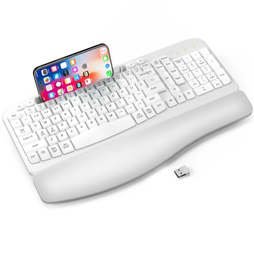 Ergonomic Wireless Keyboard with Cushioned Wrist Rest, Wave Keys, Phone